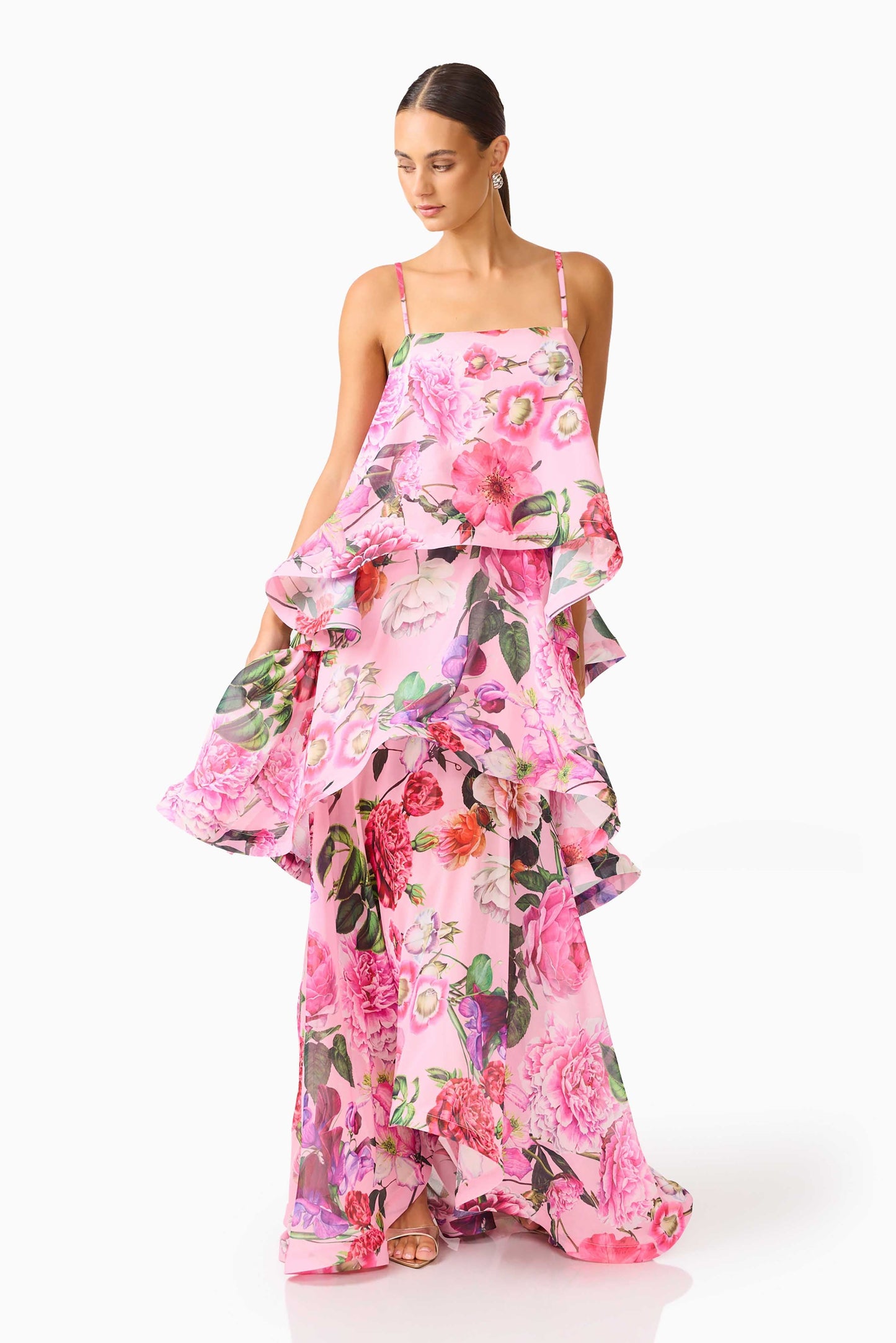 Sandy Tiered Maxi Dress In Pink Floral