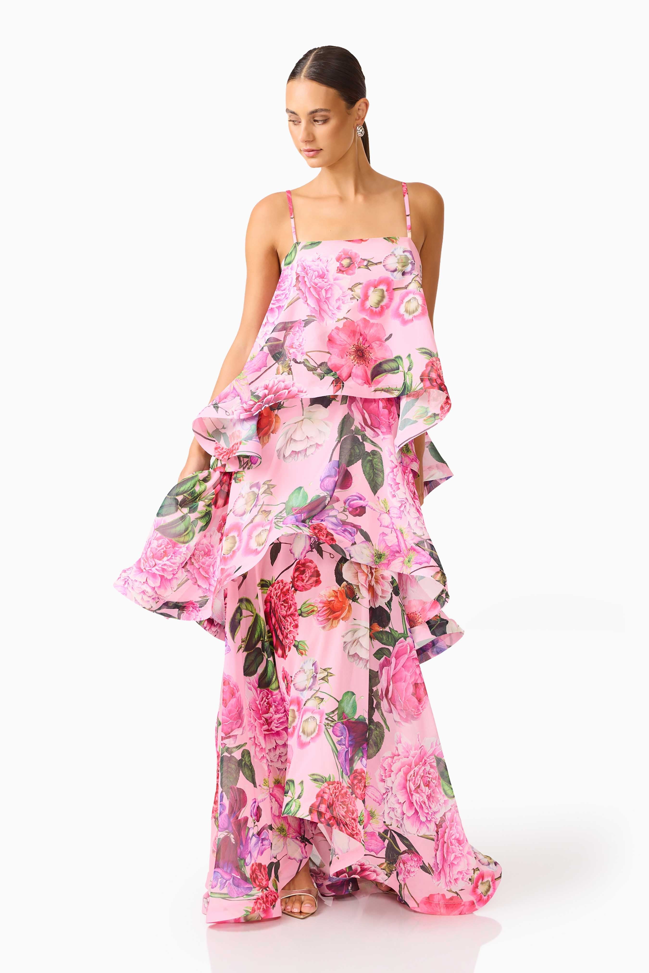 Sandy Tiered Maxi Dress In Pink Floral Avalabel