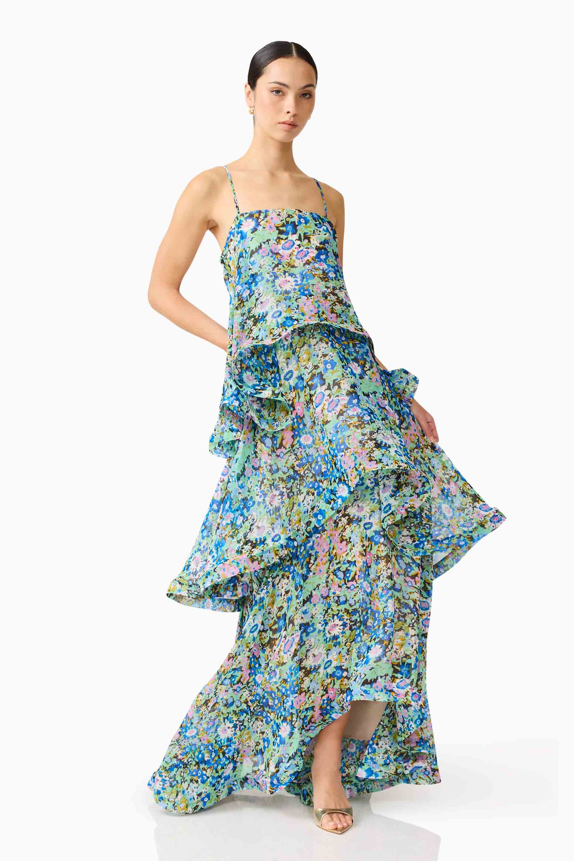 Sandy Tiered Maxi Dress In Green Floral Avalabel