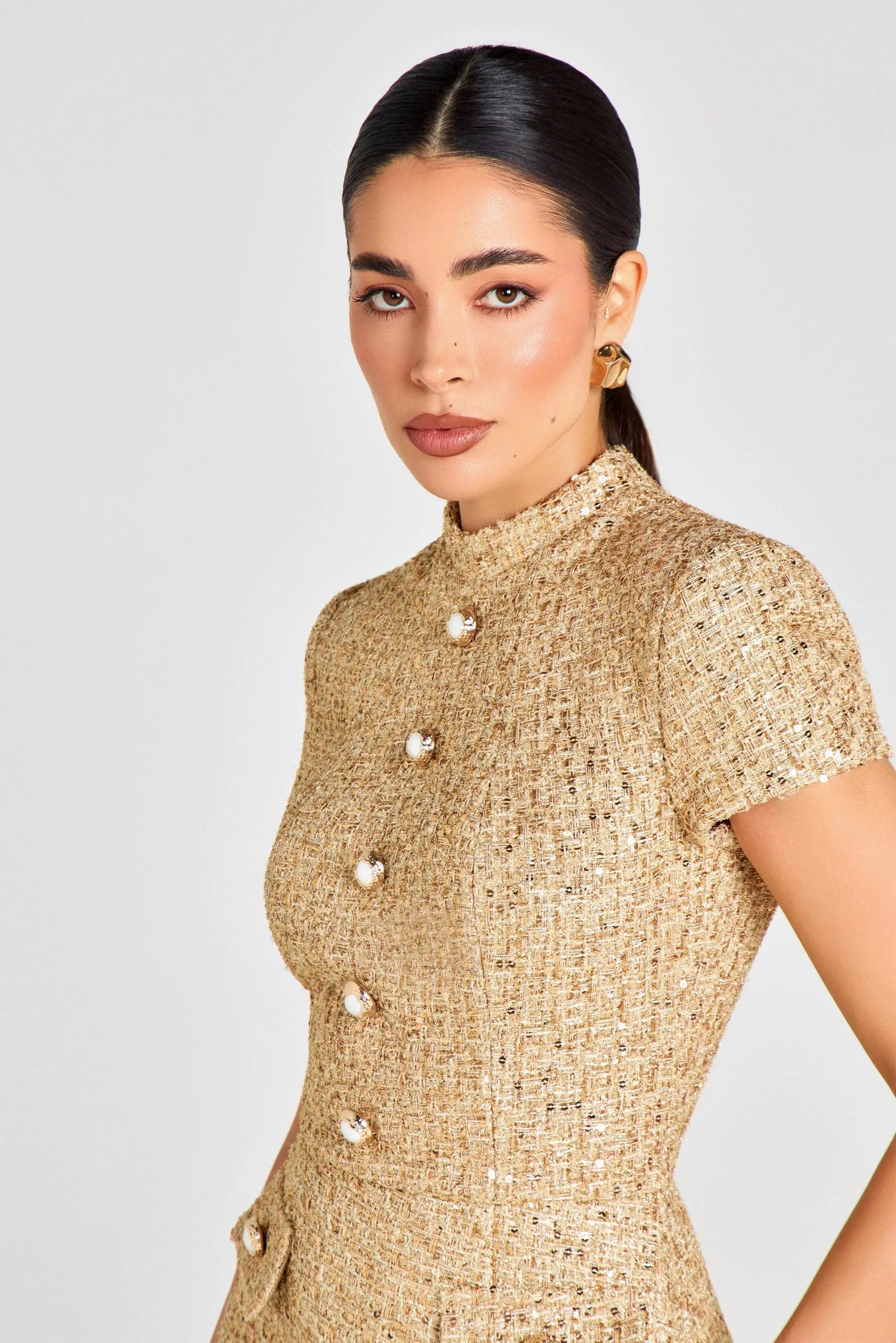 tiffany pearl-embellished tweed mini dress in gold Avalabel