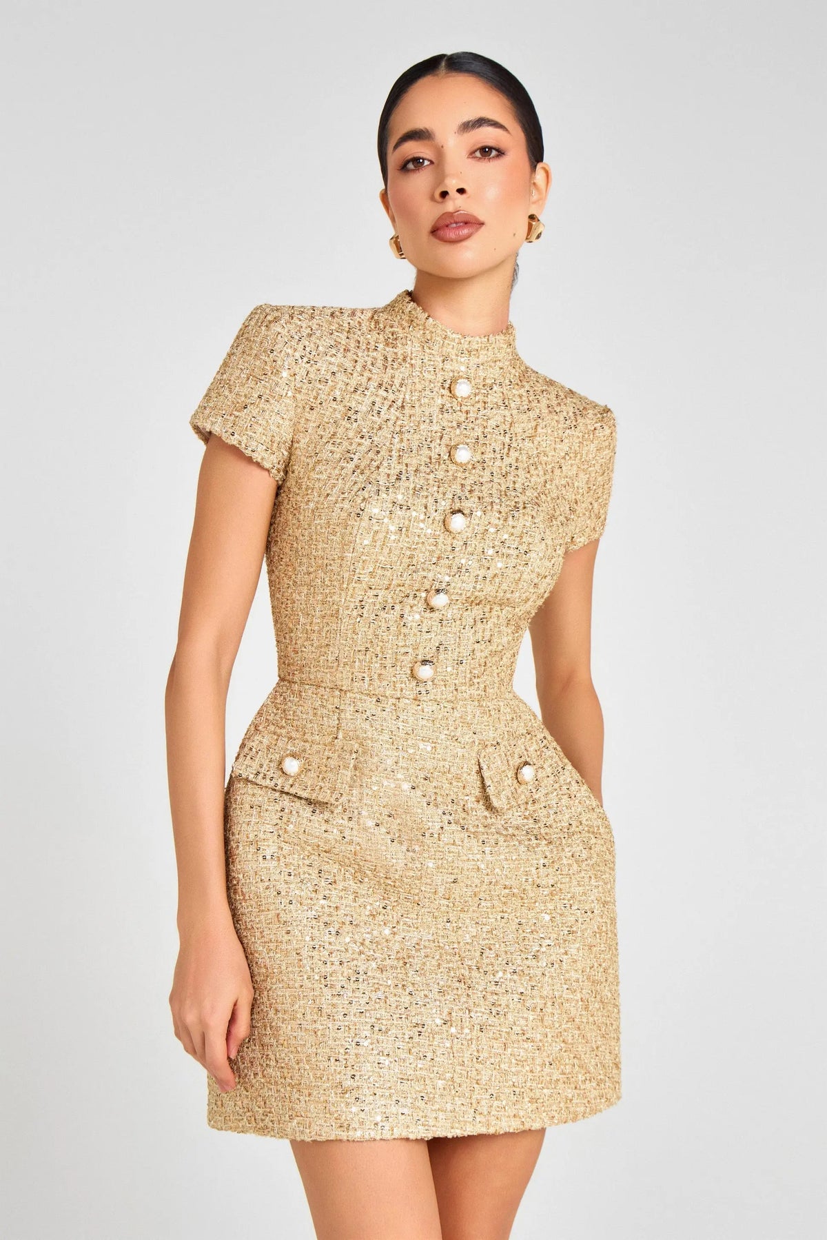 tiffany pearl-embellished tweed mini dress in gold Avalabel