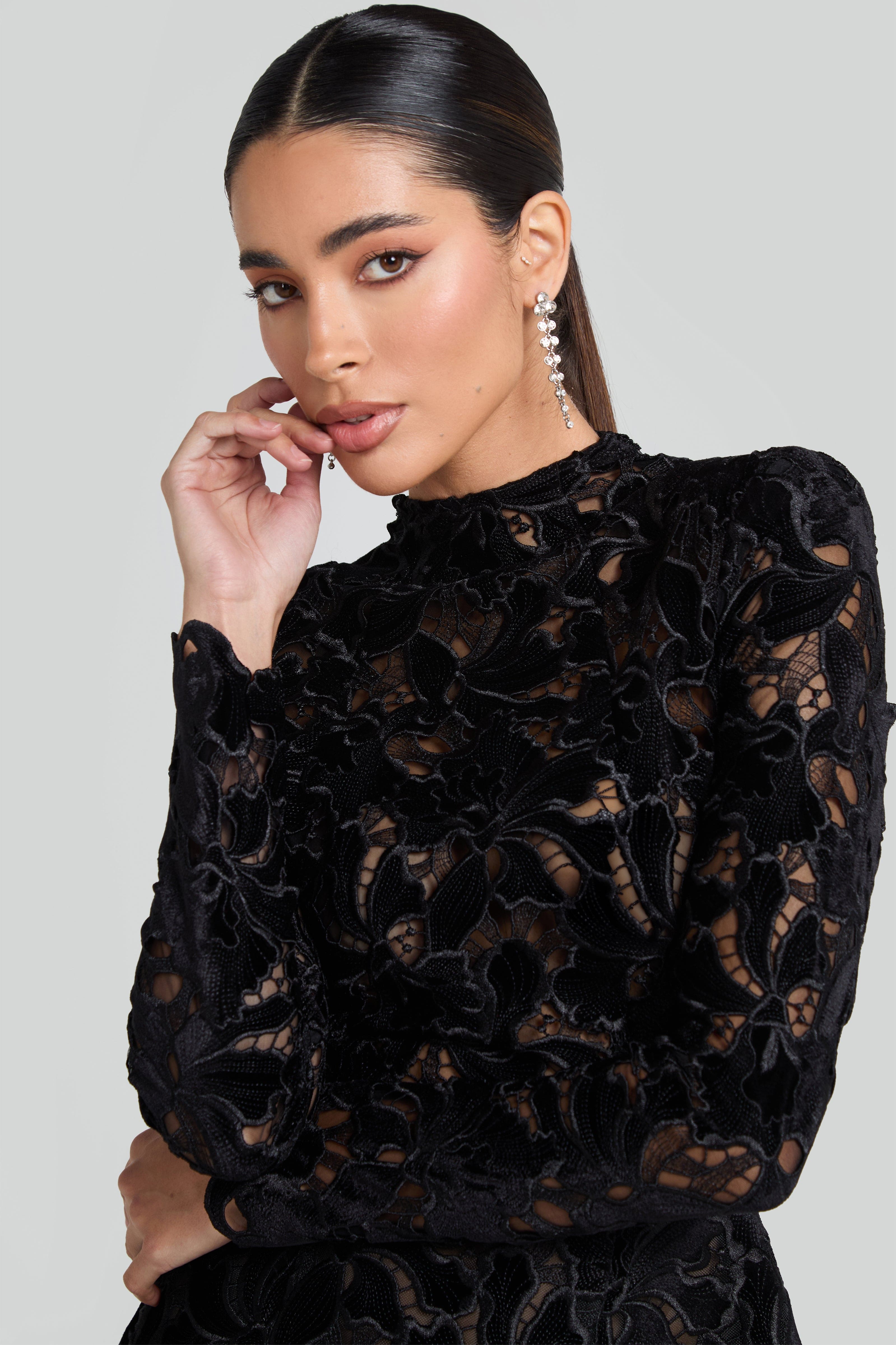 sherry Long-sleeved zippered lace mini dress in black Avalabel
