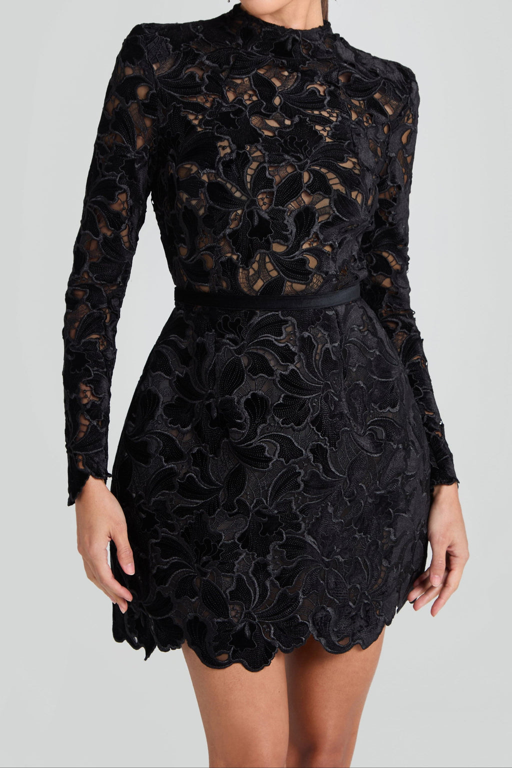 sherry Long-sleeved zippered lace mini dress in black Avalabel