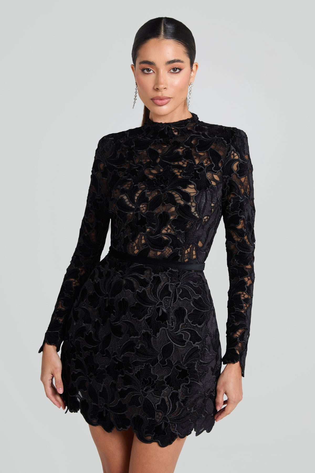 sherry Long-sleeved zippered lace mini dress in black Avalabel