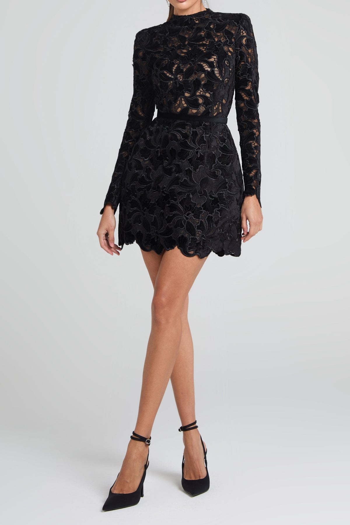 sherry Long-sleeved zippered lace mini dress in black Avalabel
