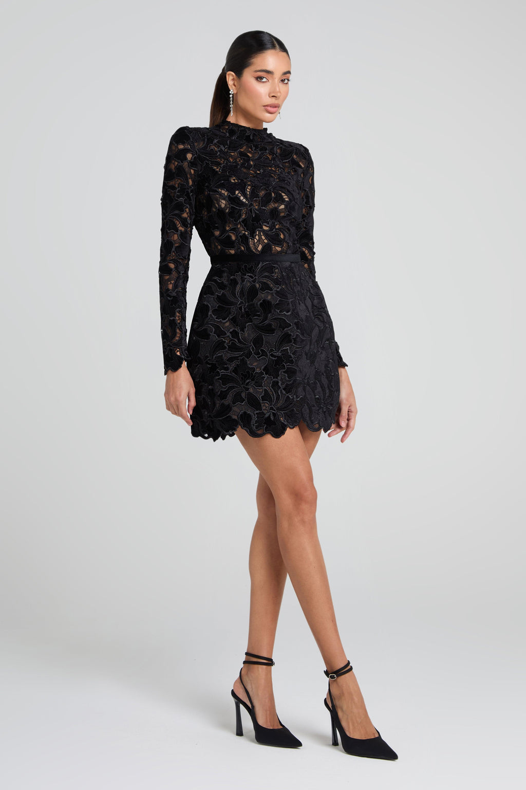 sherry Long-sleeved zippered lace mini dress in black Avalabel