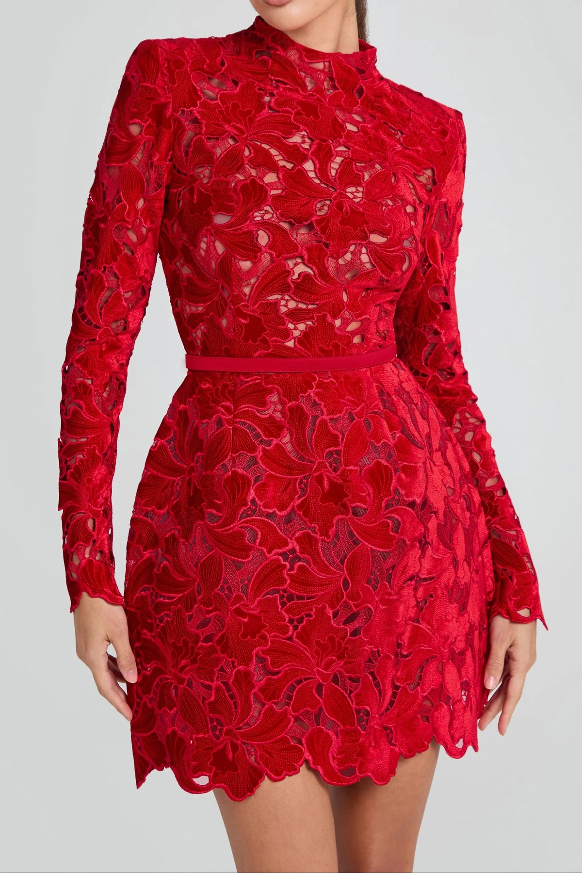 sherry Long-sleeved zippered lace mini dress in red Avalabel