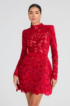 sherry Long-sleeved zippered lace mini dress in red Avalabel
