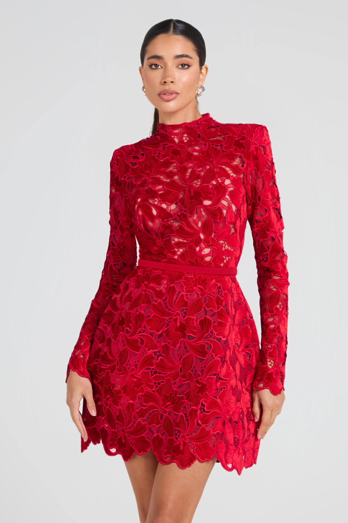 sherry Long-sleeved zippered lace mini dress in red Avalabel