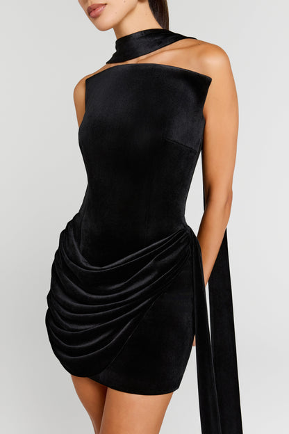 Rachel Ribbon Strapless Velvet Mini Dress in Black