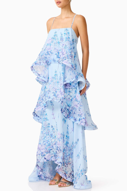 Sandy Tiered Maxi Dress In Baby Blue Floral