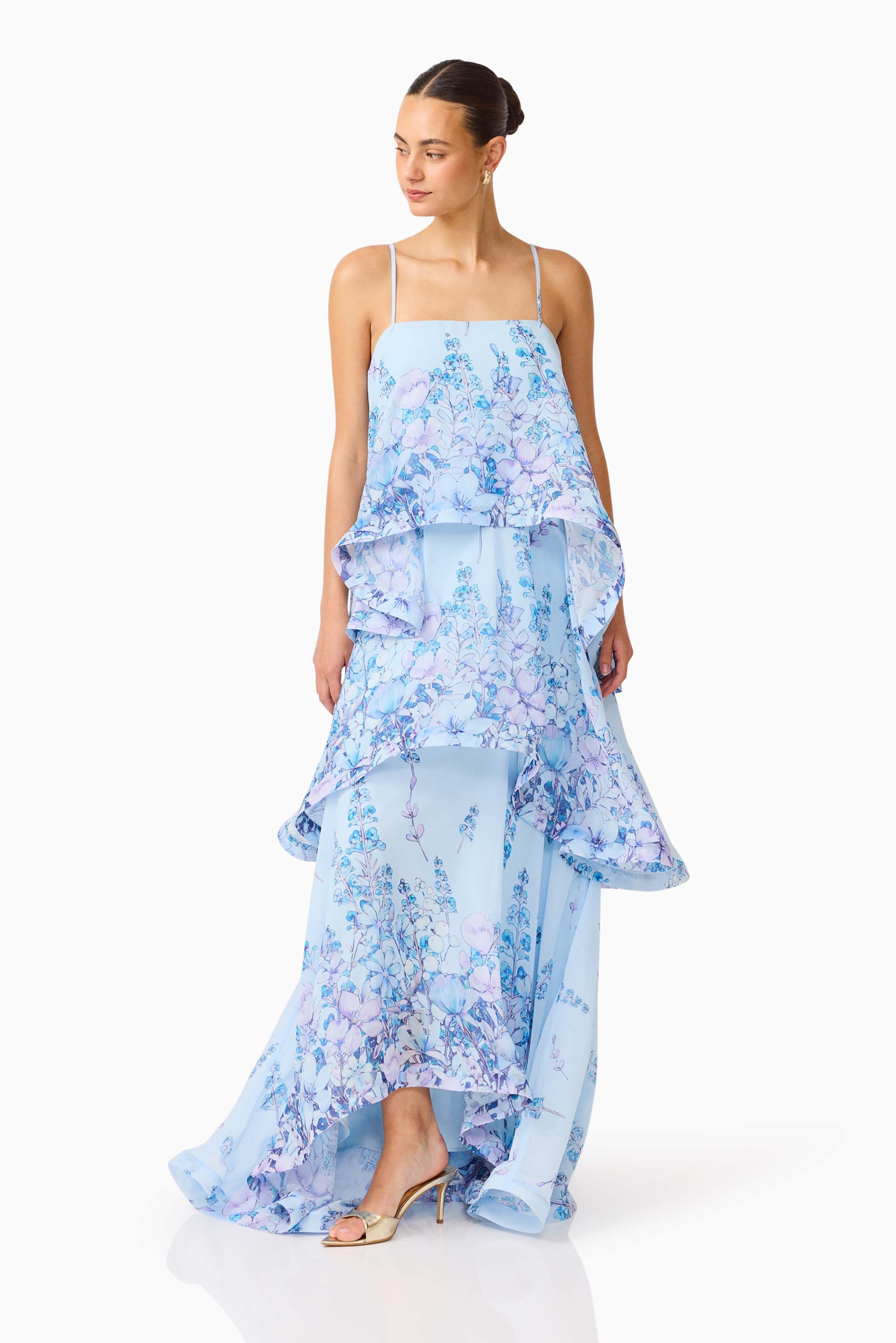 Sandy Tiered Maxi Dress In Baby Blue Floral Avalabel