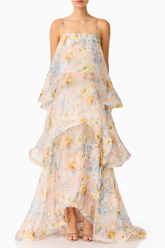 Sandy Tiered Maxi Dress In Yellow Floral