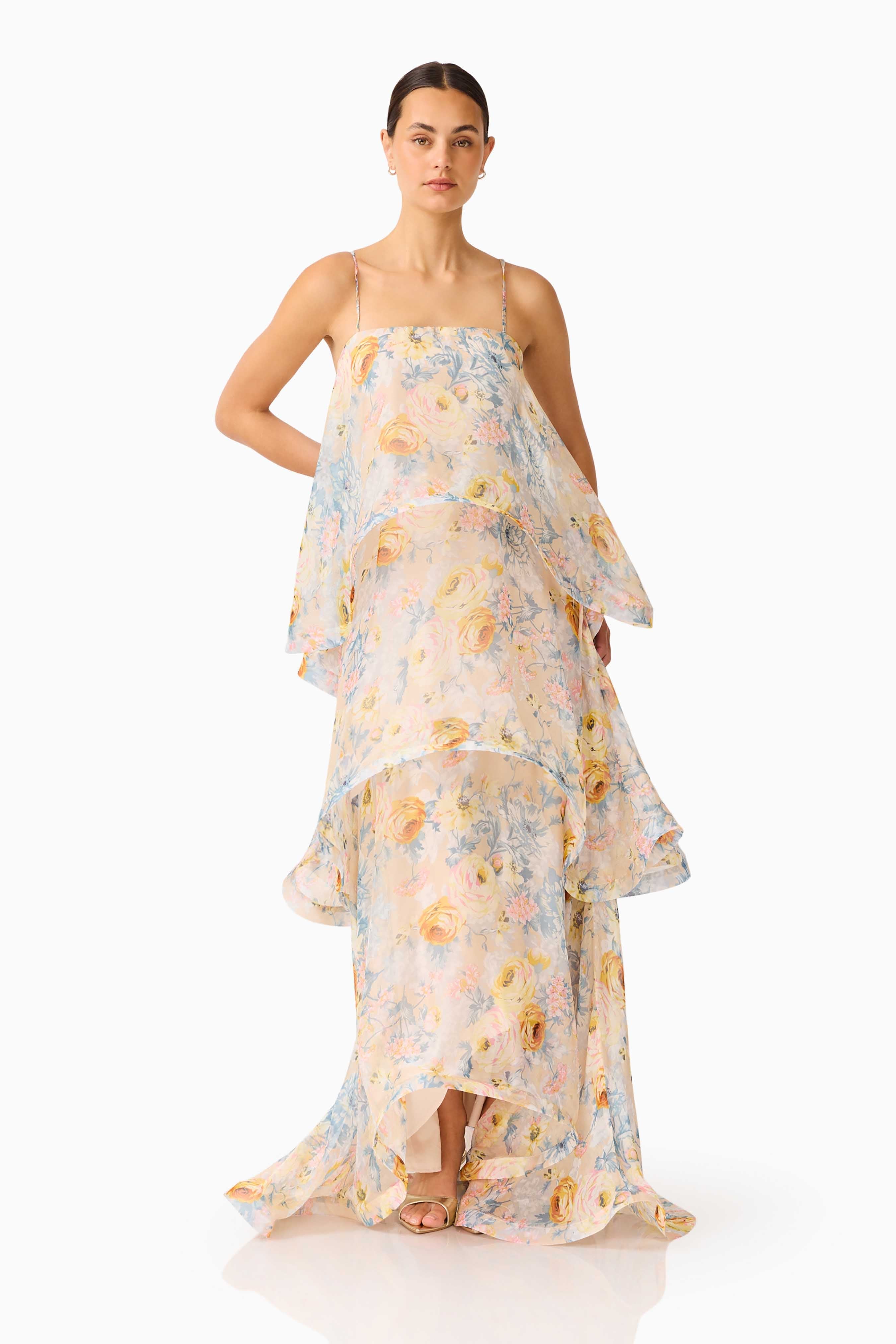 Sandy Tiered Maxi Dress In Yellow Floral Avalabel