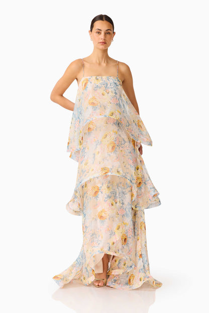 Sandy Tiered Maxi Dress In Yellow Floral