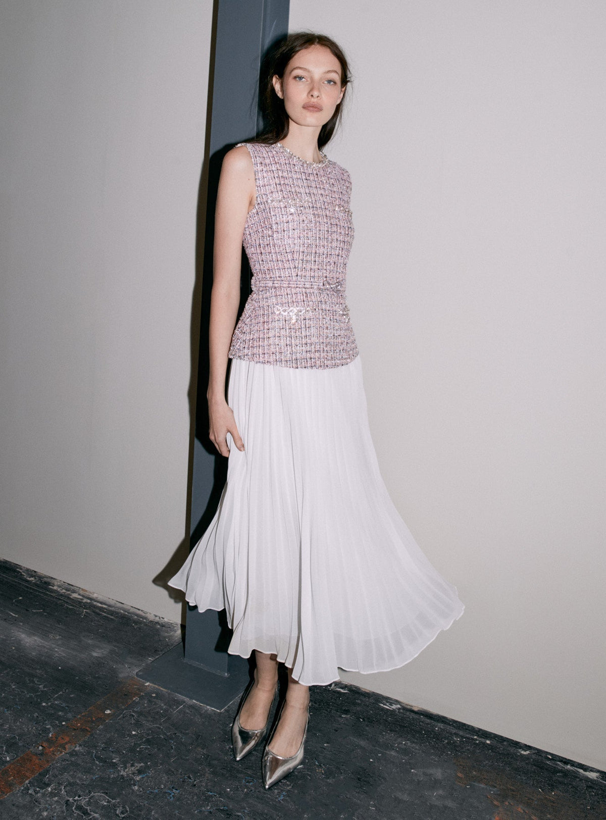aditi Pink Boucle Chiffon Midi Dress Avalabel