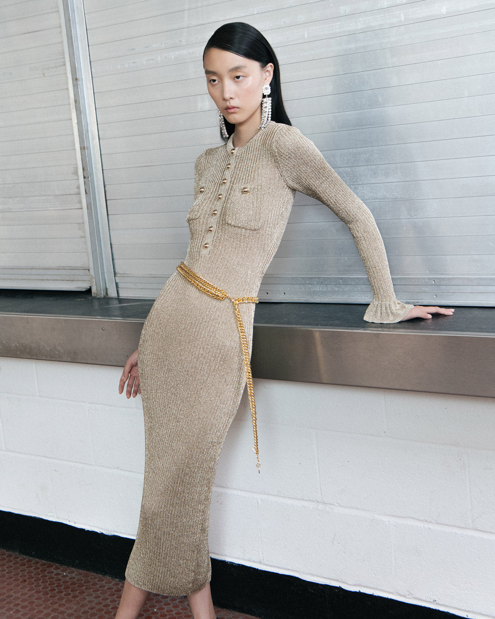 lauren Gold Lurex Ribbed Knit Midi Dress Avalabel