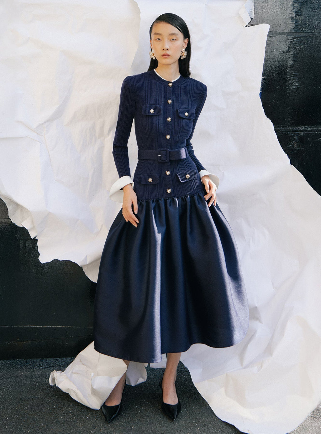 Jane Navy Knit Taffeta Midi Dress Avalabel