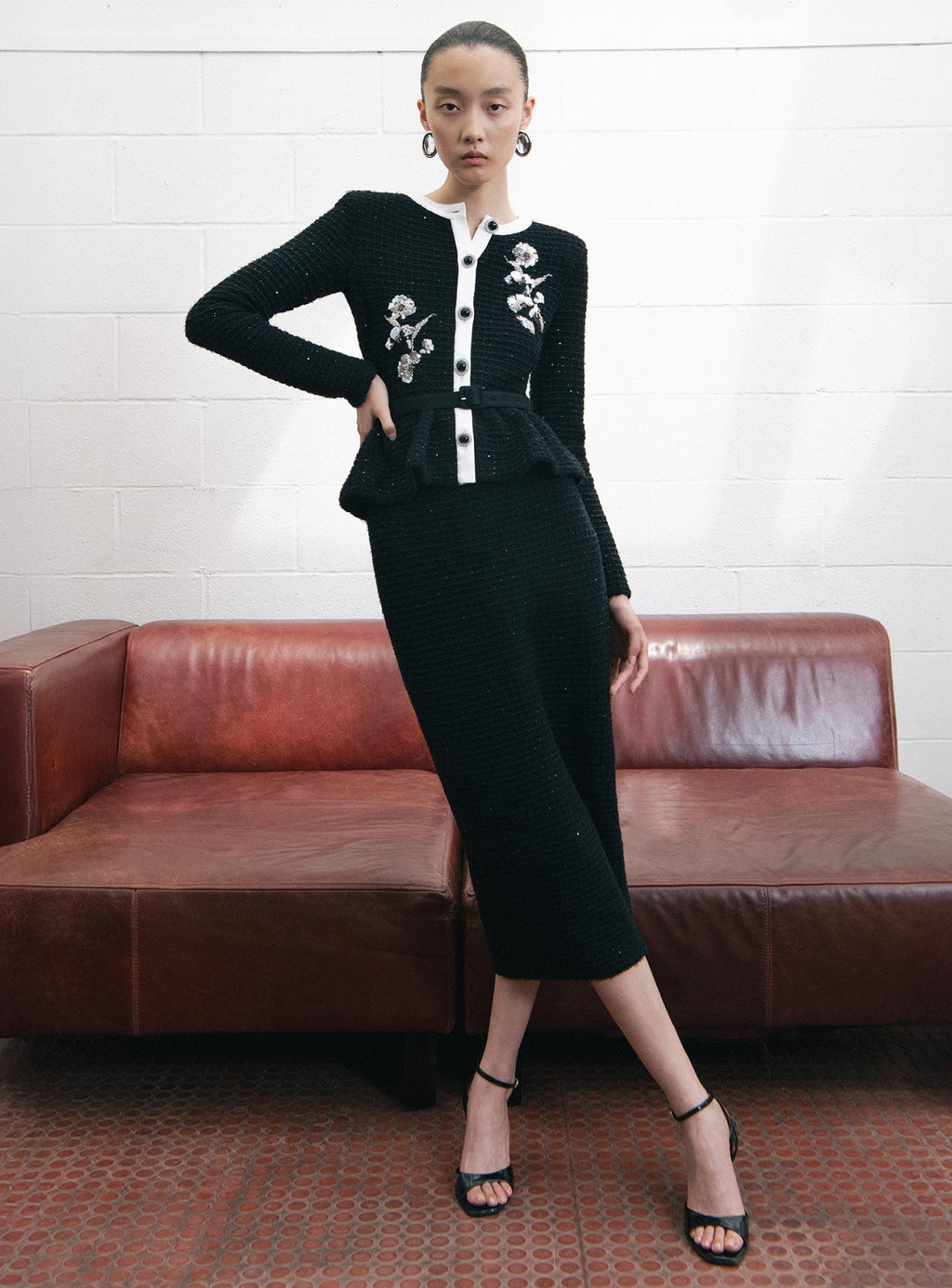Vicky Black Floral Textured Knit Midi Dress Avalabel