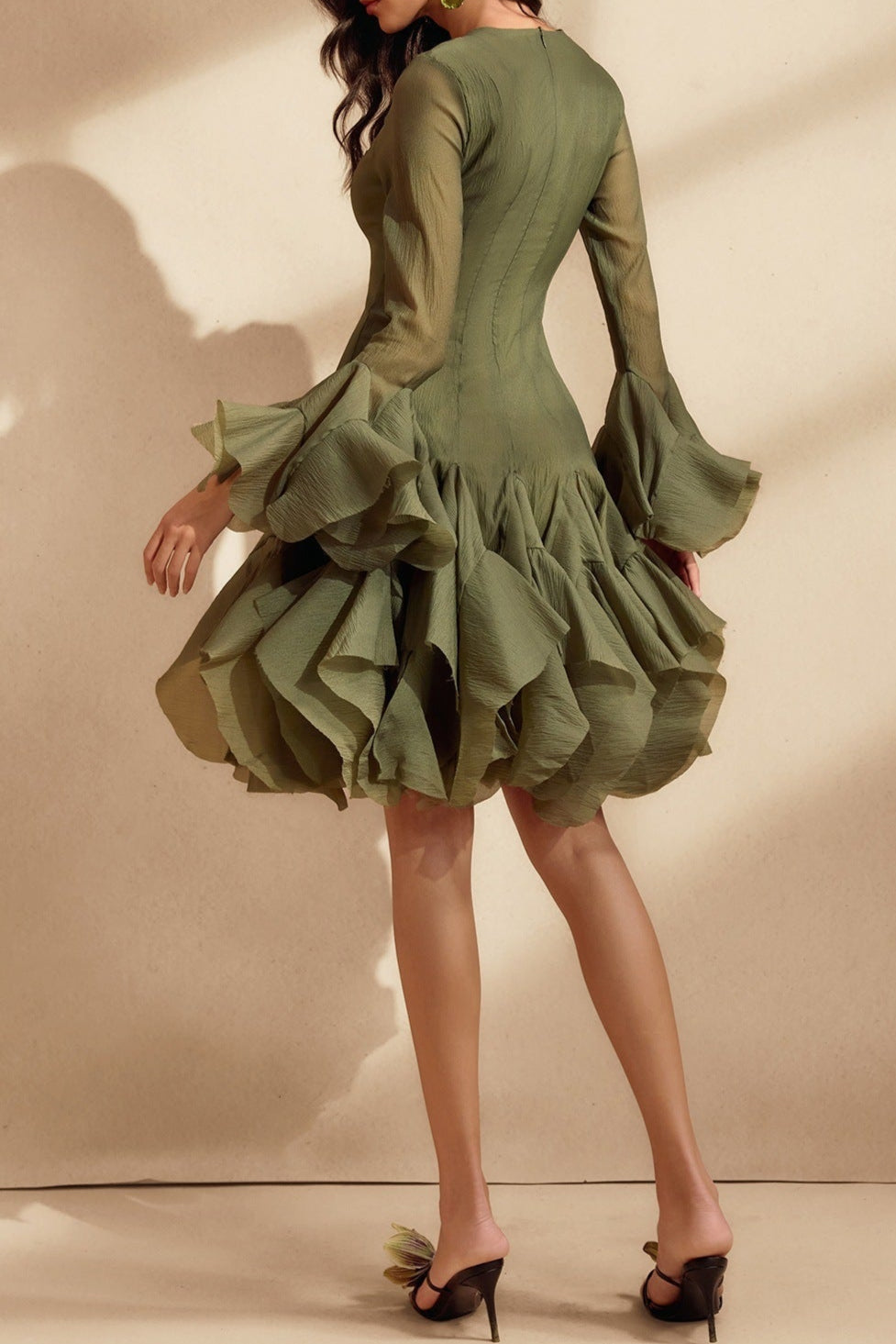 Xanthe Flare Sleeve Button Mini Dress In Green Avalabel