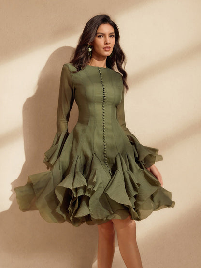 Xanthe Flare Sleeve Button Mini Dress In Green