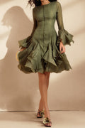 Xanthe Flare Sleeve Button Mini Dress In Green Avalabel