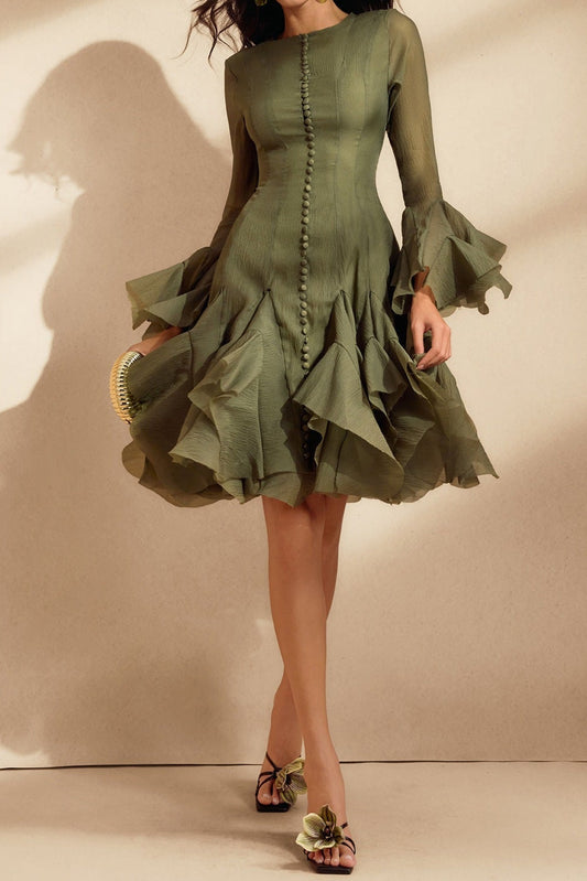 Xanthe Flare Sleeve Button Mini Dress In Green