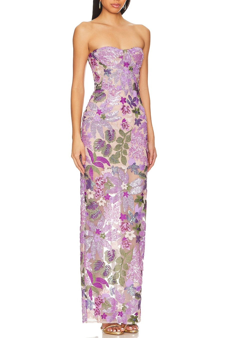 Elara Floral Sequin Embroidered Strapless Maxi Dress - Purple Avalabel