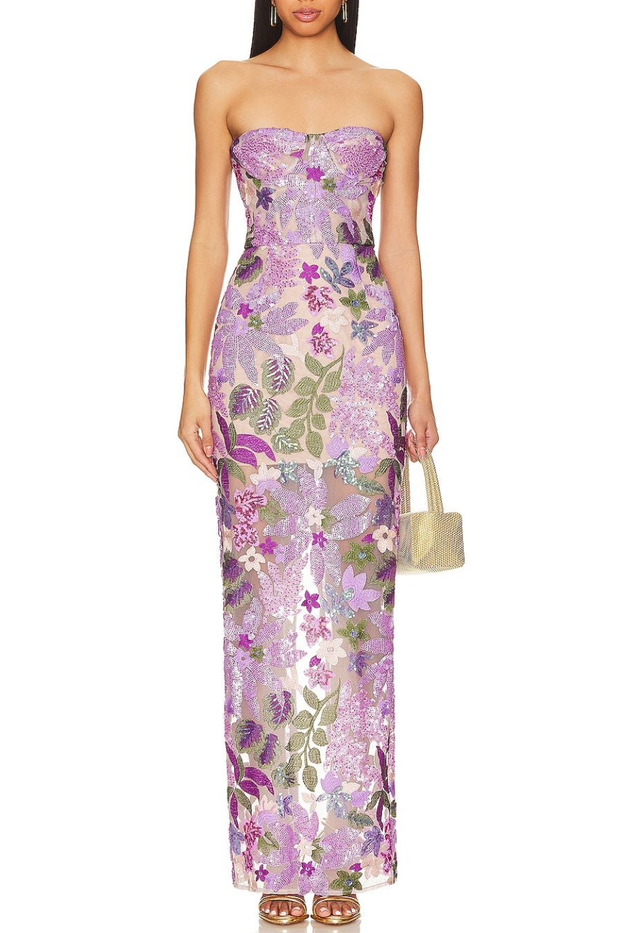 Elara Floral Sequin Embroidered Strapless Maxi Dress - Purple Avalabel