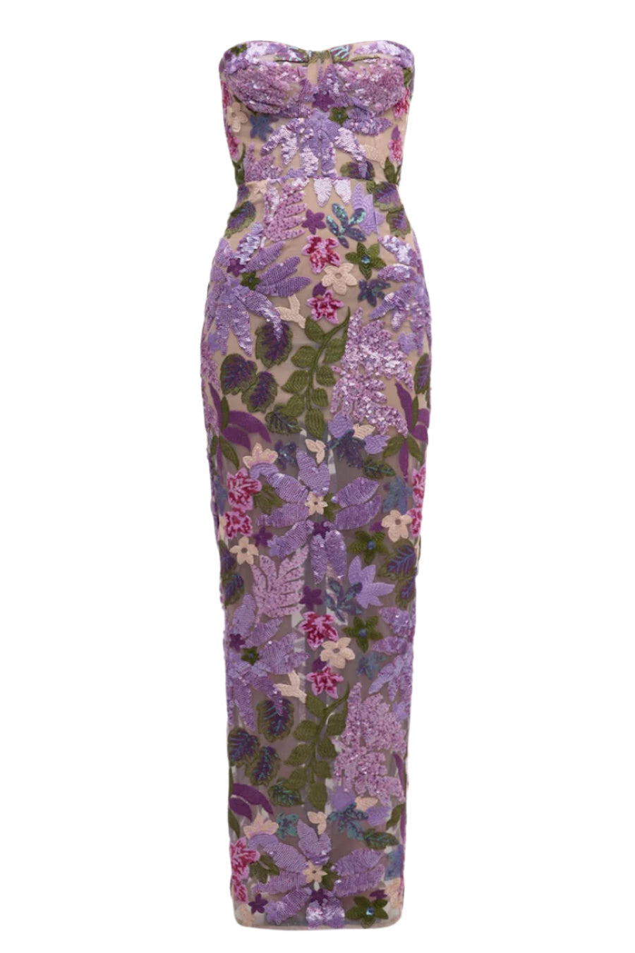 Elara Floral Sequin Embroidered Strapless Maxi Dress - Purple