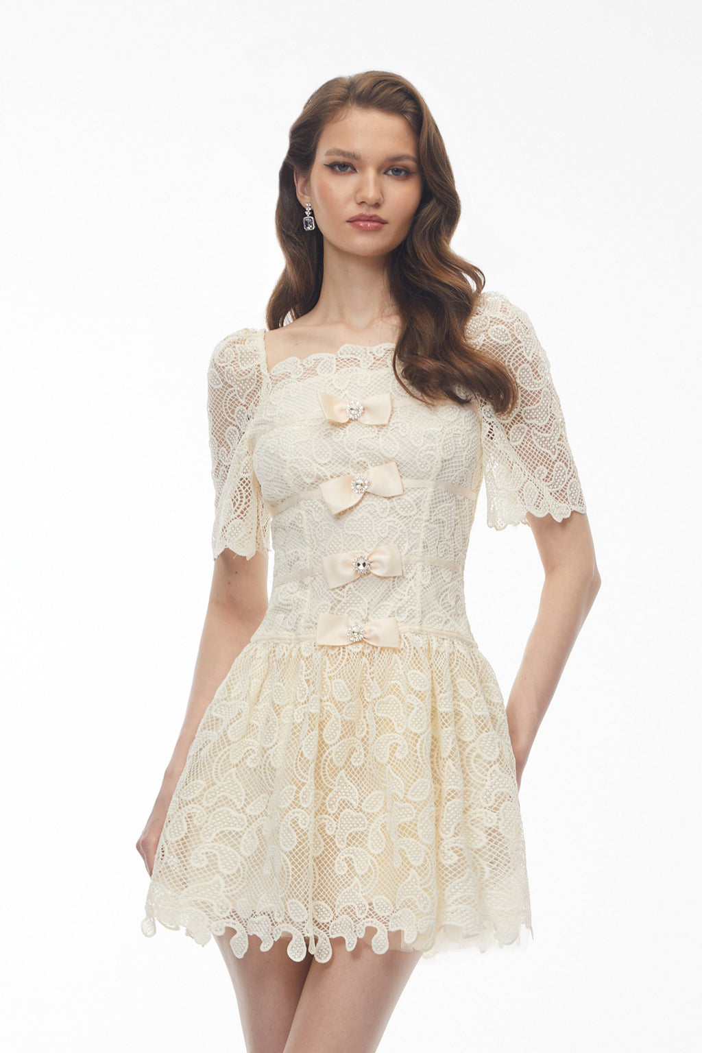 Vivien Square Neck Bow Lace Mini Dress - White Avalabel