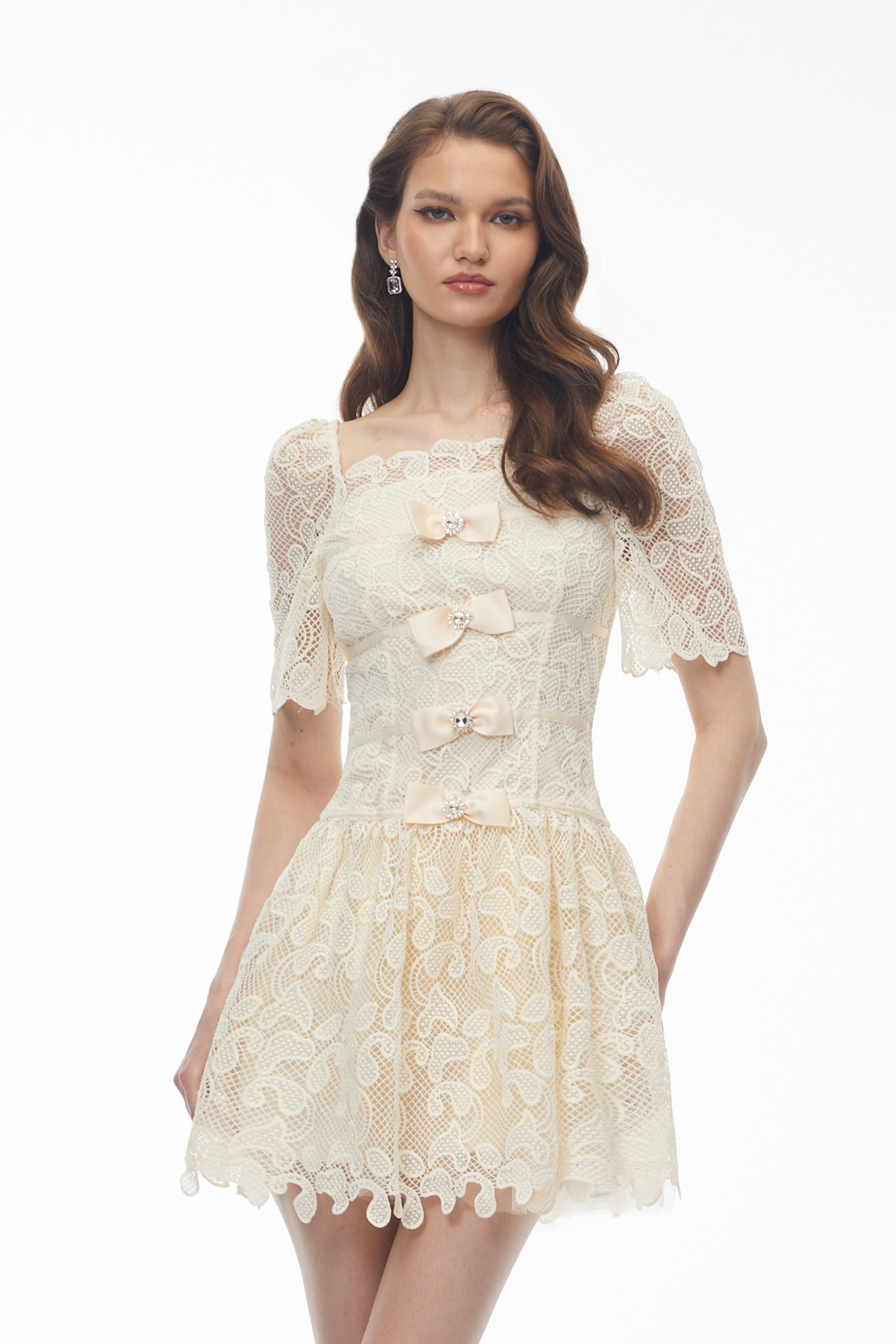 Vivien Square Neck Bow Lace Mini Dress - White Avalabel