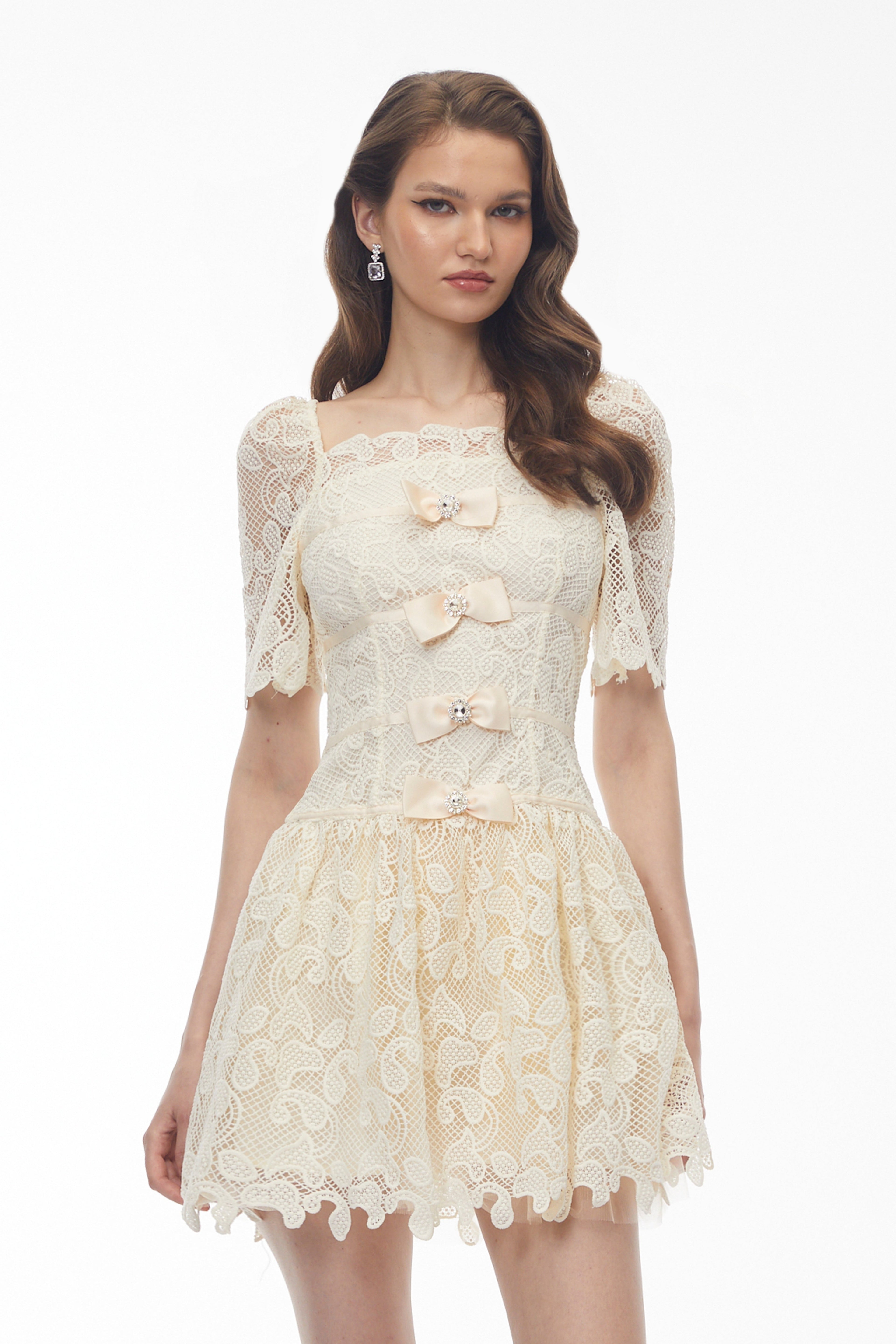 Vivien Square Neck Bow Lace Mini Dress - White Avalabel