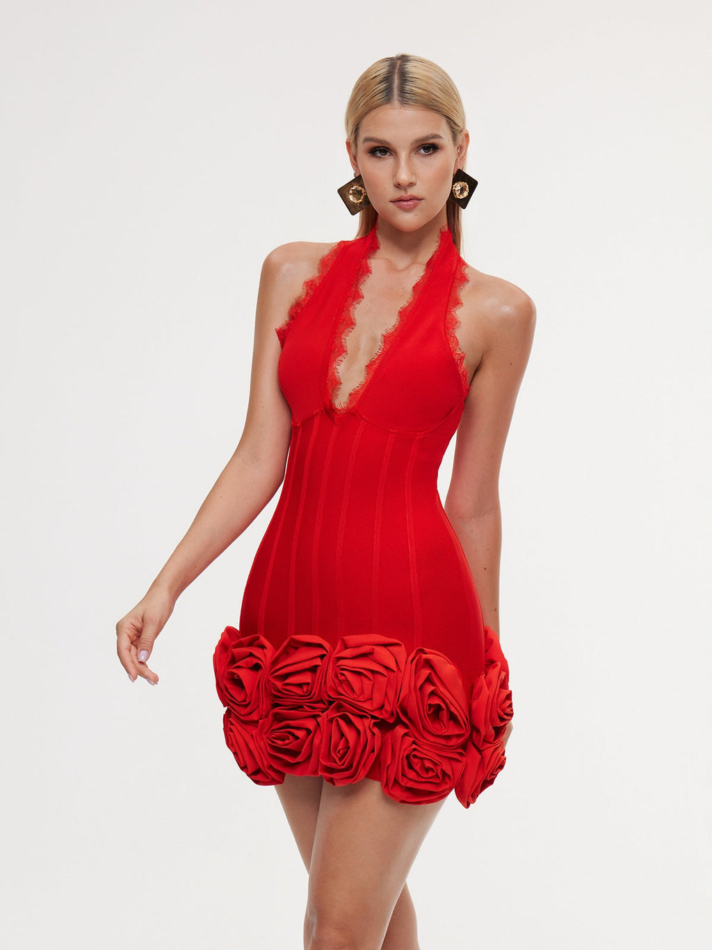 louise Halter Neck Flower Bandage Mini Dress in red Avalabel