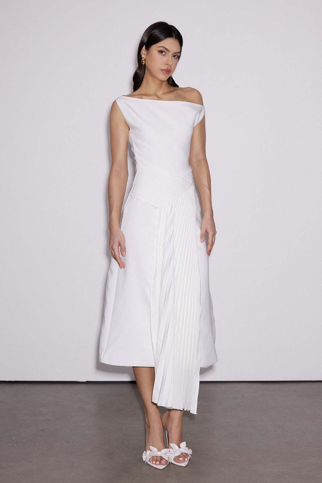 Emanuele Asymmetric One Shoulder Ruch Midi Dress Avalabel