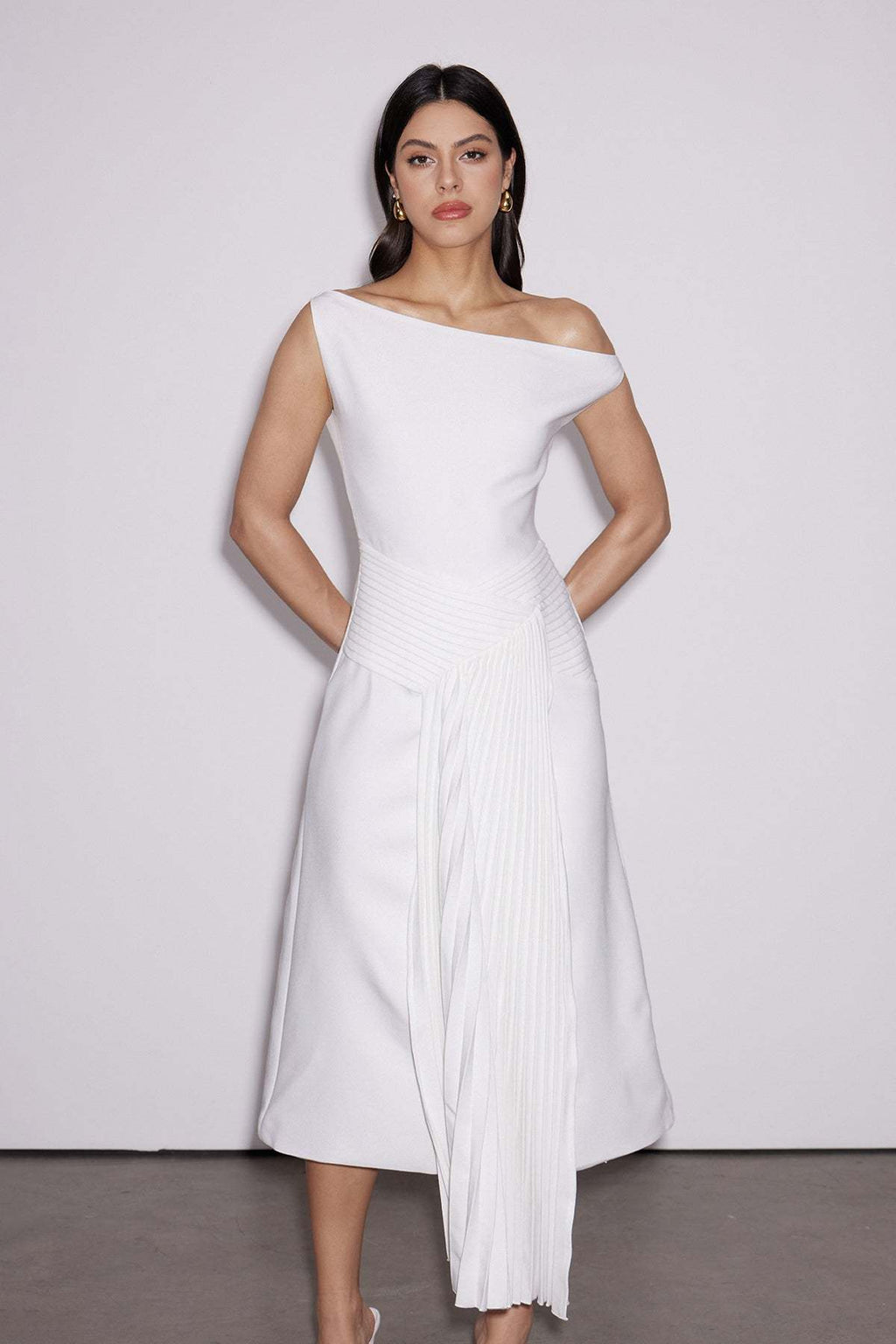 Emanuele Asymmetric One Shoulder Ruch Midi Dress Avalabel