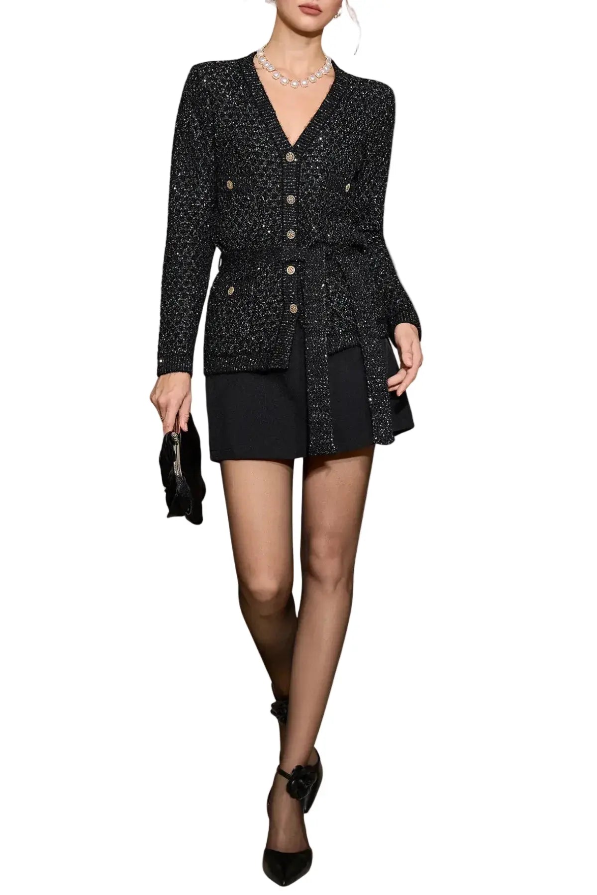 Emilia Sequin Embellished Cardigan - Black Avalabel