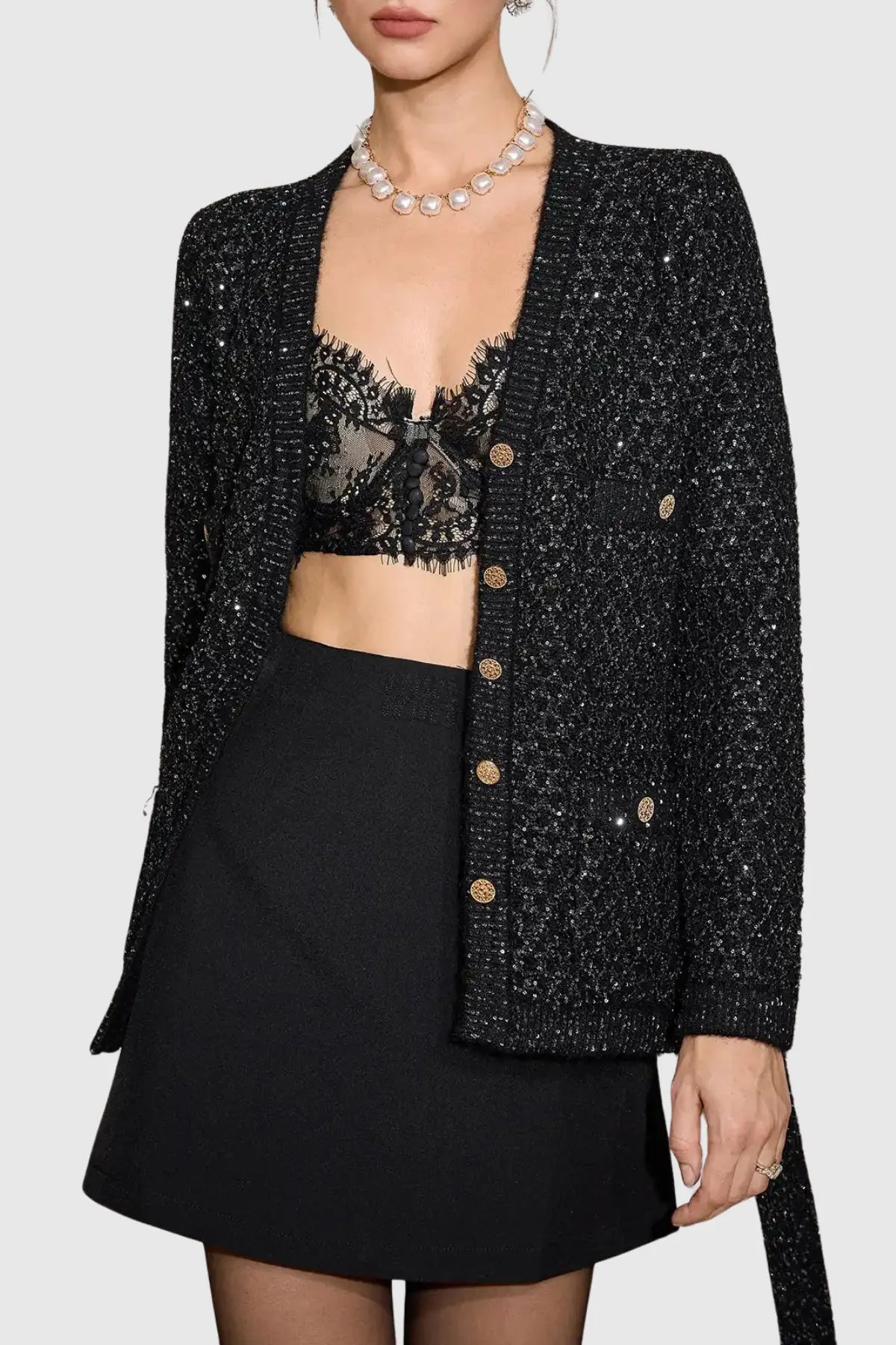 Emilia Sequin Embellished Cardigan - Black Avalabel