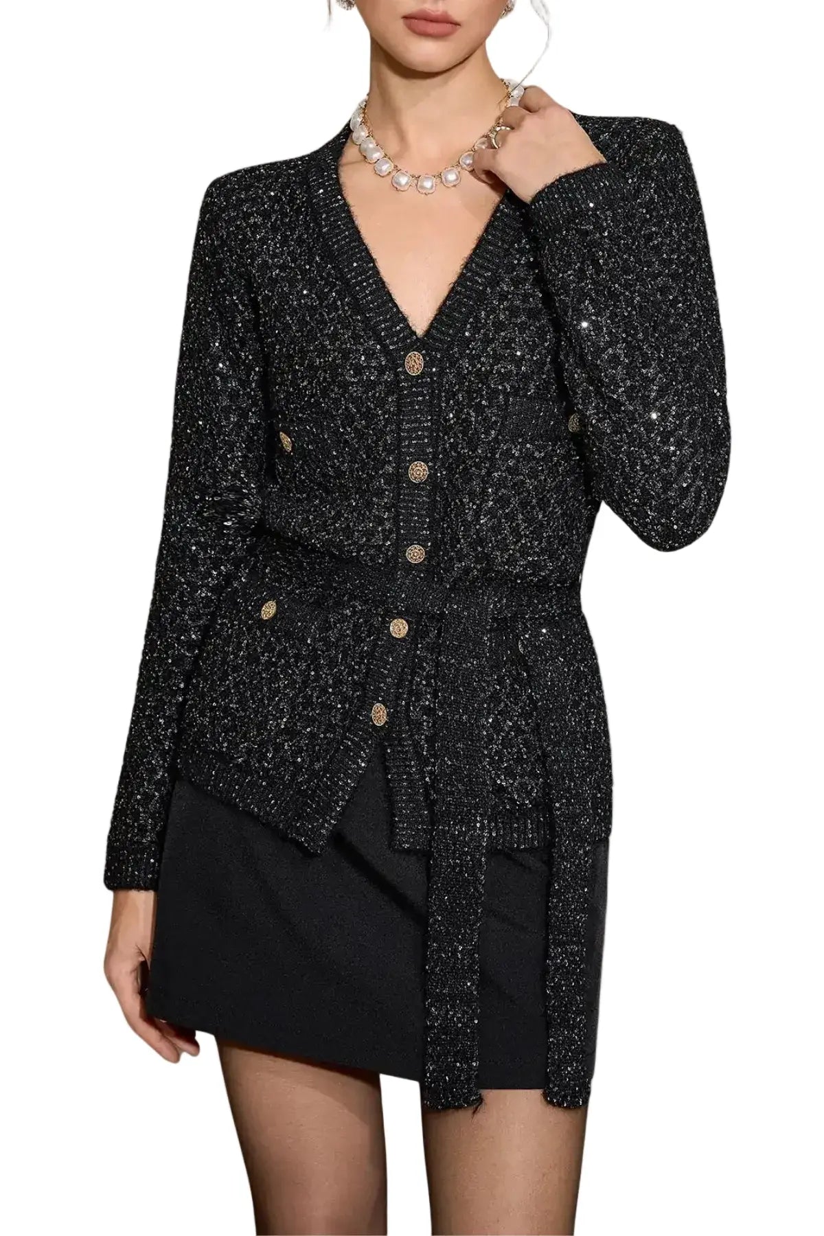 Emilia Sequin Embellished Cardigan - Black Avalabel