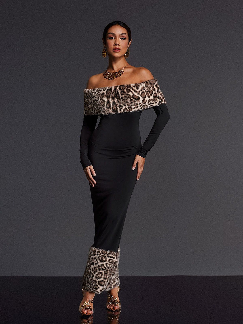 clara Off Shoulder Leopard furry Maxi Dress in black Avalabel
