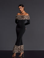 clara Off Shoulder Leopard furry Maxi Dress in black Avalabel