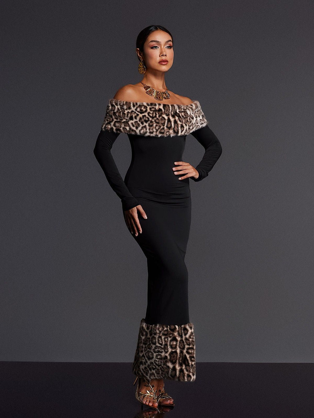 clara Off Shoulder Leopard furry Maxi Dress in black Avalabel