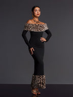 clara Off Shoulder Leopard furry Maxi Dress in black Avalabel