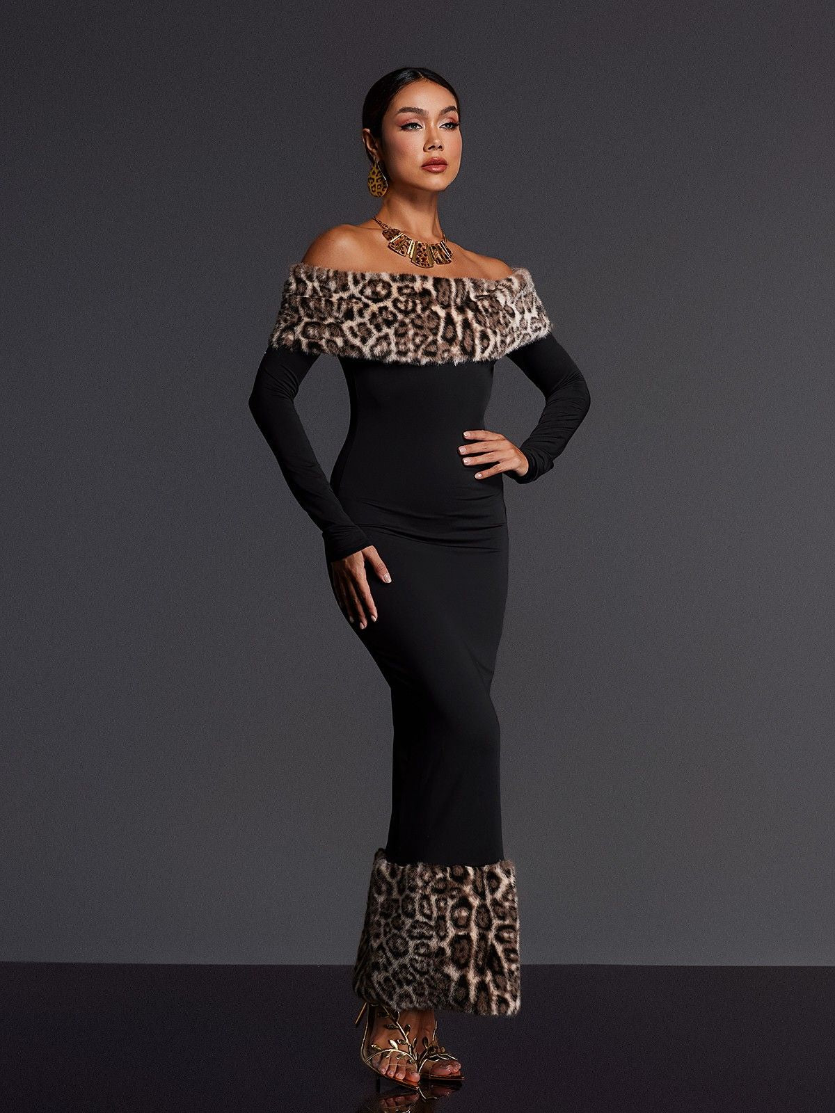 clara Off Shoulder Leopard furry Maxi Dress in black Avalabel
