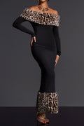 clara Off Shoulder Leopard furry Maxi Dress in black Avalabel