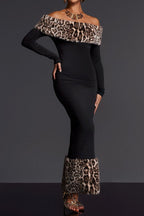 clara Off Shoulder Leopard furry Maxi Dress in black Avalabel