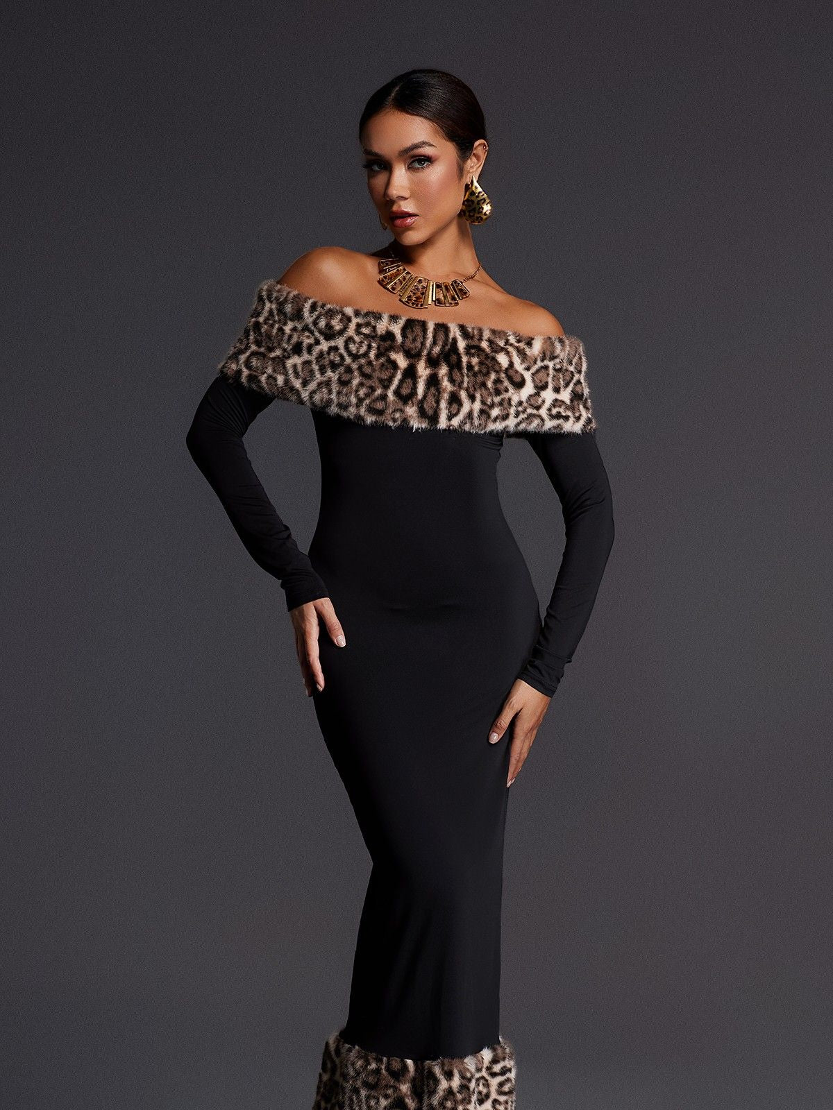 clara Off Shoulder Leopard furry Maxi Dress in black Avalabel