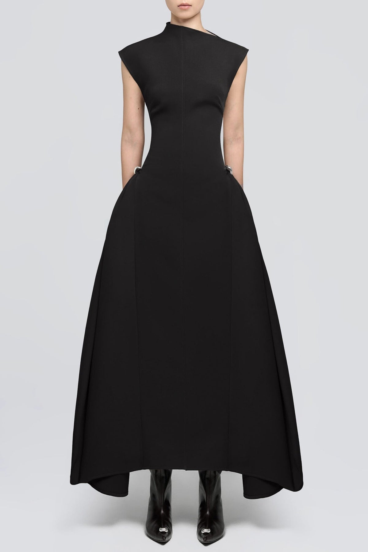 Eorkone Symmetric Drapes Flared Midi Dress - Black Avalabel