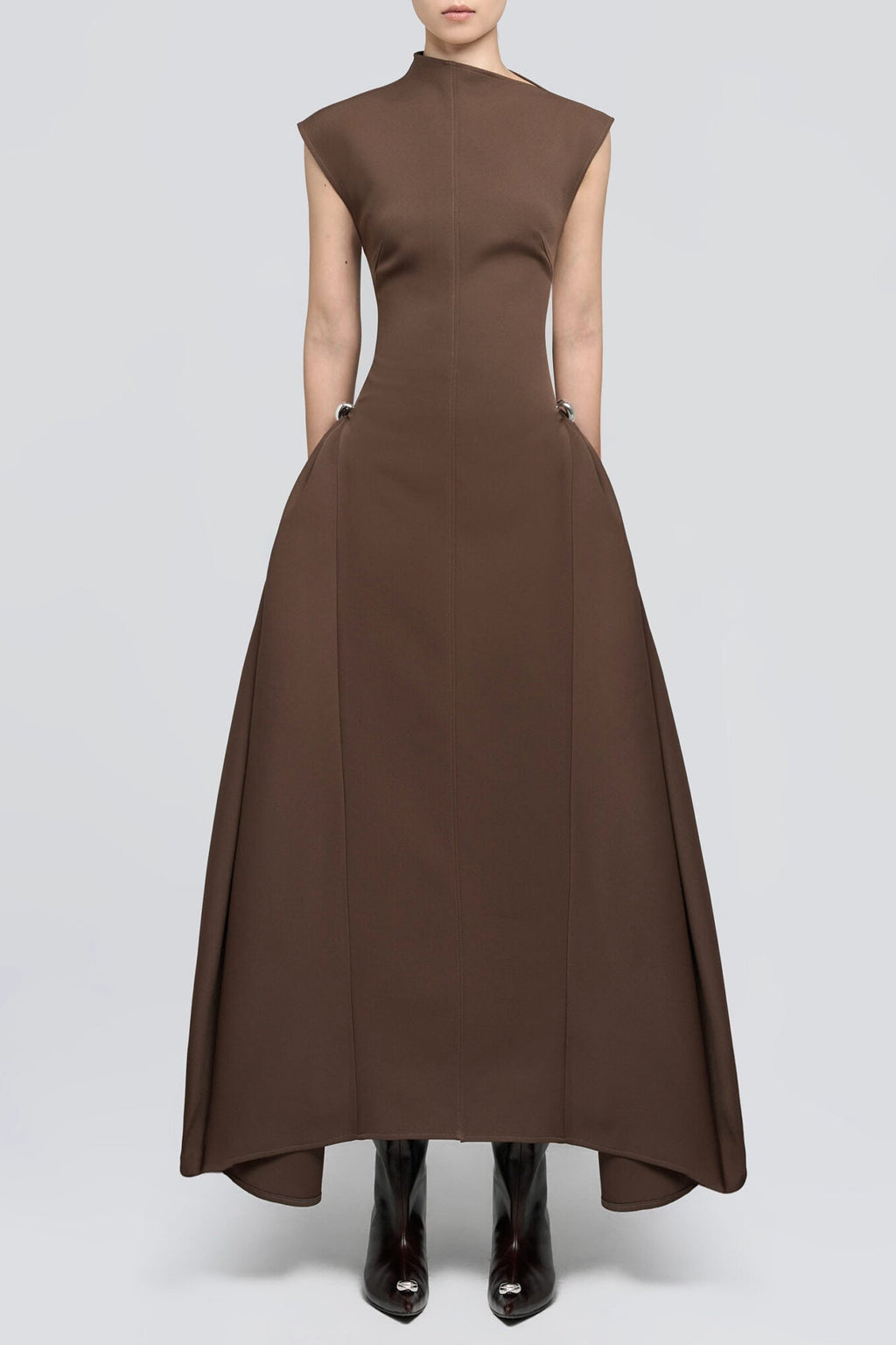 Eorkone Symmetric Drapes Flared Midi Dress - Brown Avalabel