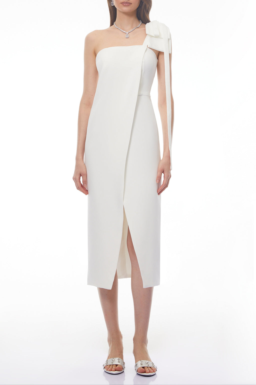 Estelle White Off Shoulder Satin Midi Dress with Bow Avalabel